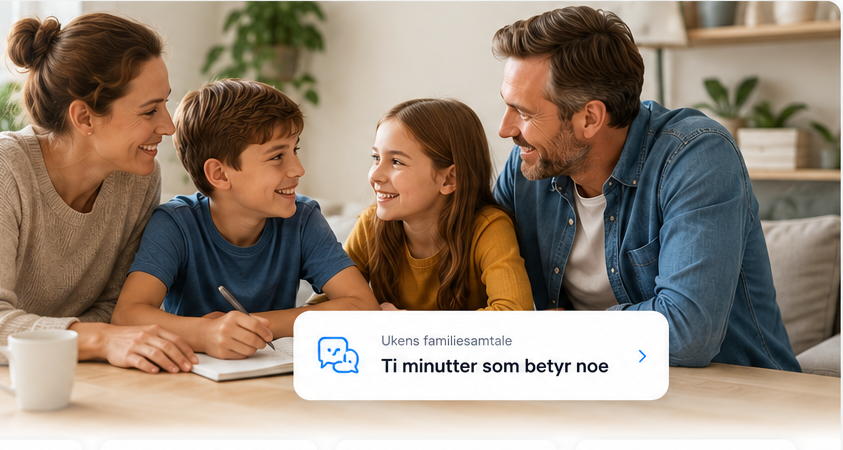 Familie som snakker sammen ved kjøkkenbordet