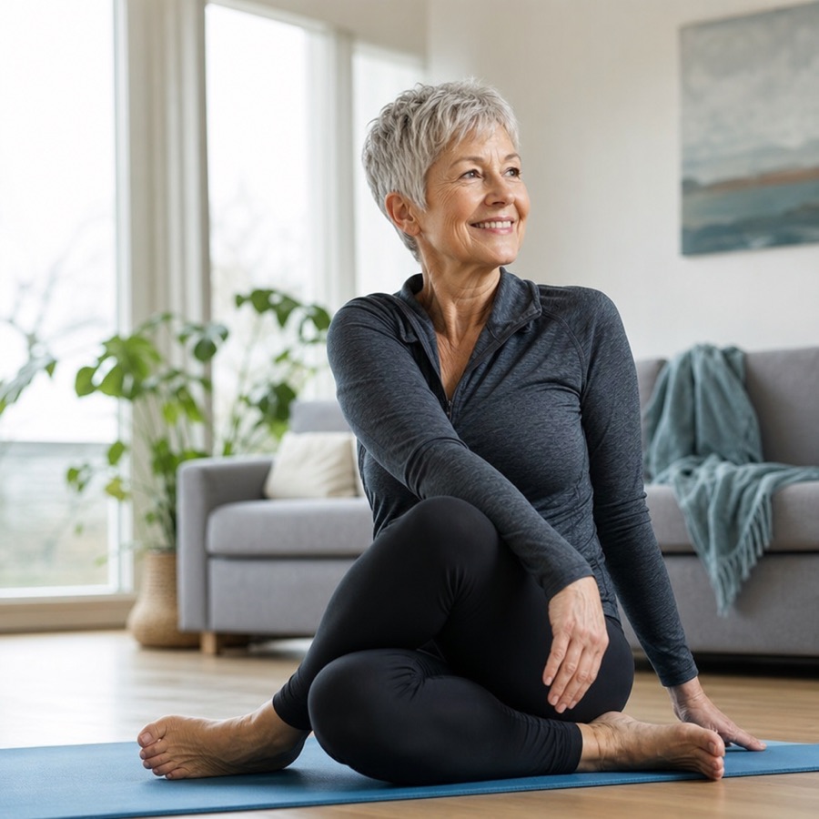 Kvinne som strekker seg på en yogamatte i en lys stue.